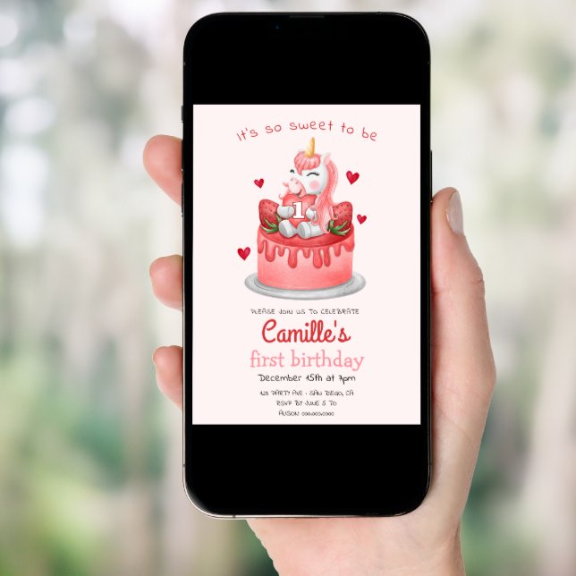 Unicorn strawberry cake birthday invitation (Front Digital)
