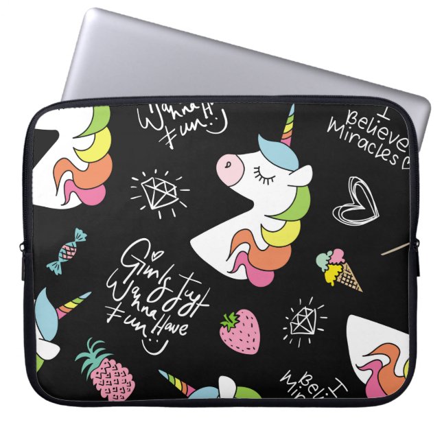 Unicorn, strawberry, pineapple, ice cream drawings laptop sleeve (Front)