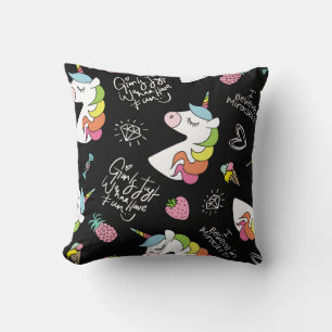 Unicorn, strawberry, pineapple, ice cream drawings throw pillow