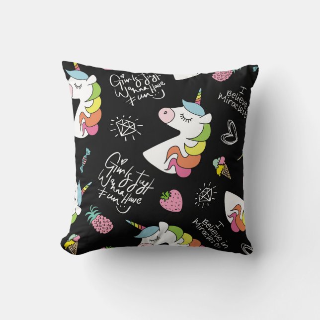Unicorn, strawberry, pineapple, ice cream drawings throw pillow (Front)
