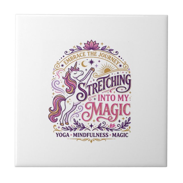 Unicorn Stretching Into My Magic Stylish White Bac Ceramic Tile (Front)