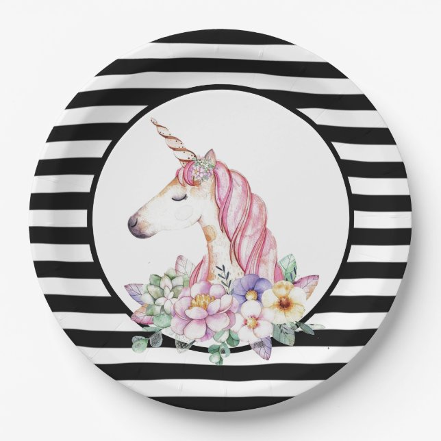 Unicorn Stripes and Flowers Paper Plates (Front)