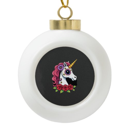 Unicorn Sugar Skull Mexican Art, Christmas T-Shirt Ceramic Ball Christmas Ornament