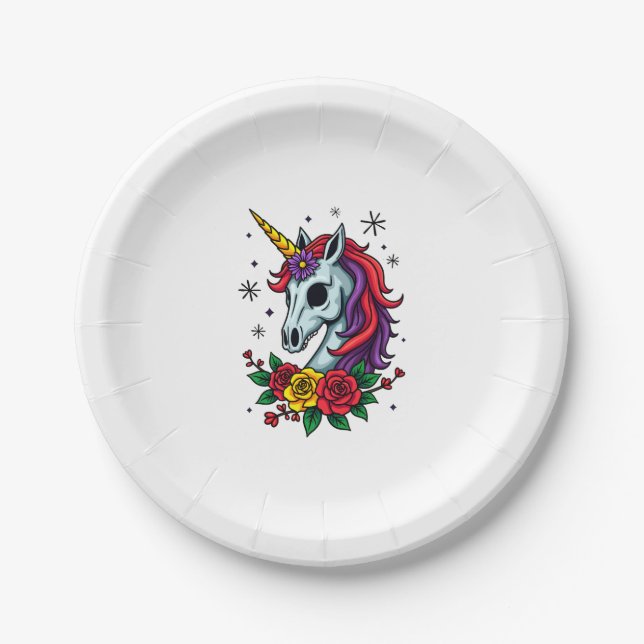 Unicorn Sugar Skull Mexican Art, Christmas T-Shirt Paper Plates (Front)