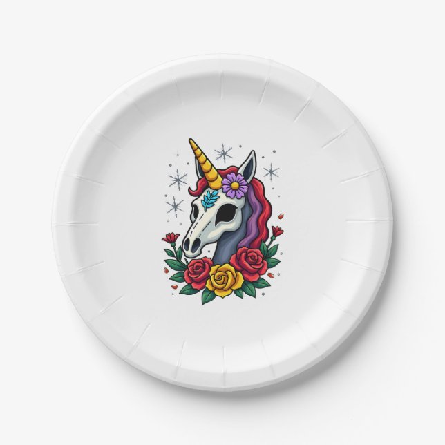 Unicorn Sugar Skull Mexican Art, Christmas T-Shirt Paper Plates (Front)