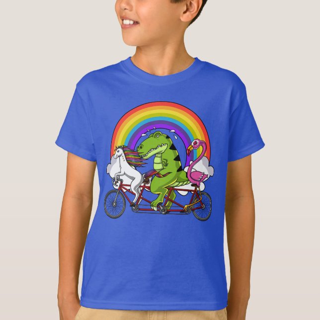 Unicorn T-Rex Dinosaur Flamingo Riding Bicycle T-Shirt (Front)