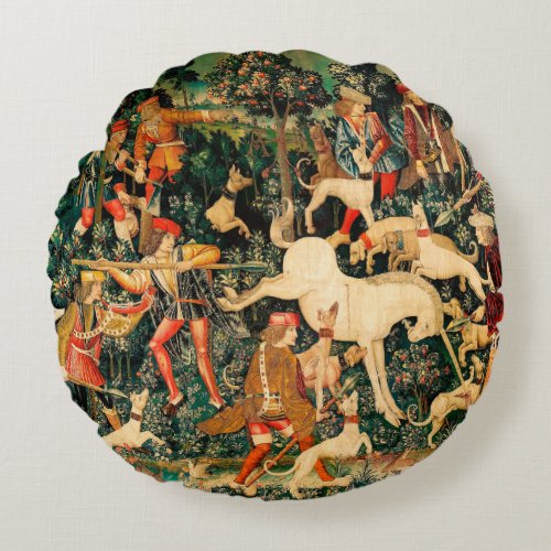 Unicorn Tapestries Defends Hunt  Round Pillow