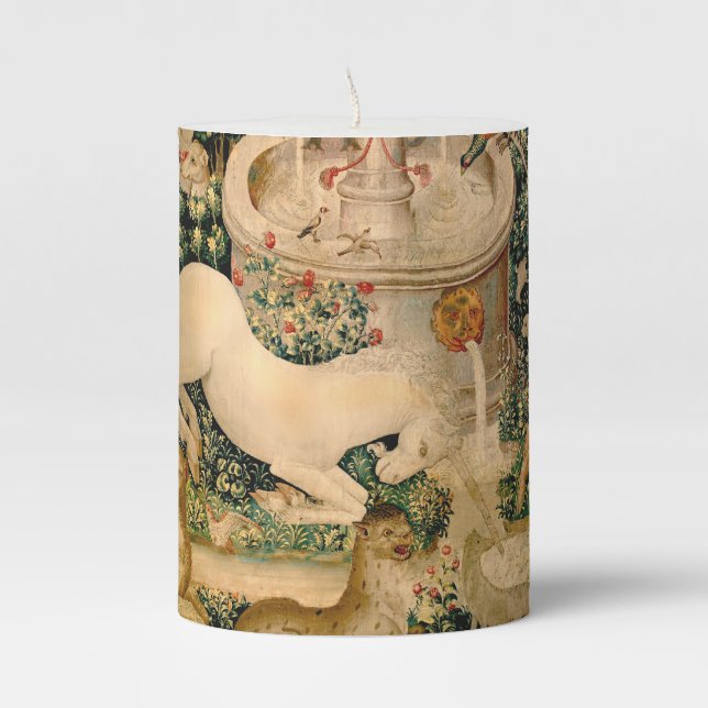 Unicorn Tapestries Found Legend Mythical Pillar Candle (Front)