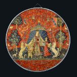 Unicorn Tapestries Lady Legend Medieval Dartboard<br><div class="desc">The Lady and The unicorn, a medieval tapestry from around 1500, is one of a set of French tapestries, considered great works of art from the Middle Ages. This Lady and the Unicorn tapestry is a stunning image of a lady standing in a tent, with a unicorn on one side...</div>