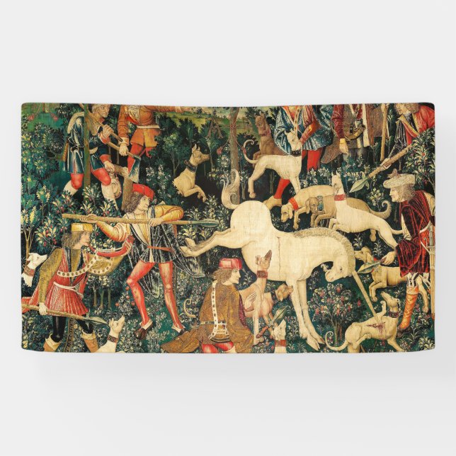 Unicorn Tapestries Medieval Classic Defends Hunt  Banner (Horizontal)