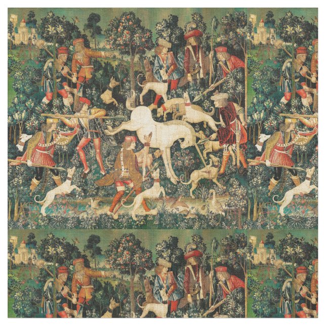 Unicorn Tapestries Medieval Classic Defends Hunt  Fabric (Close Up)