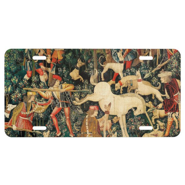Unicorn Tapestries Medieval Classic Defends Hunt  License Plate (Front)