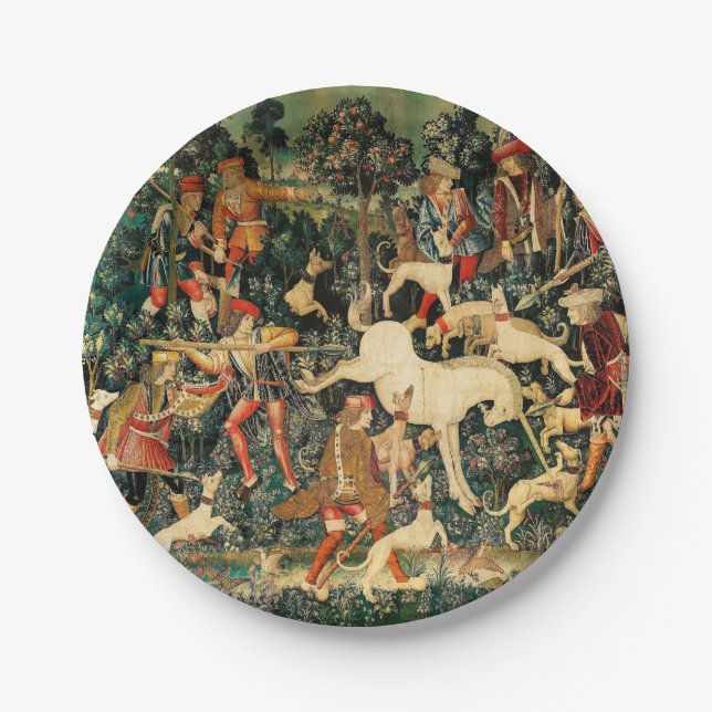 Unicorn Tapestries Medieval Classic Defends Hunt  Paper Plates (Front)