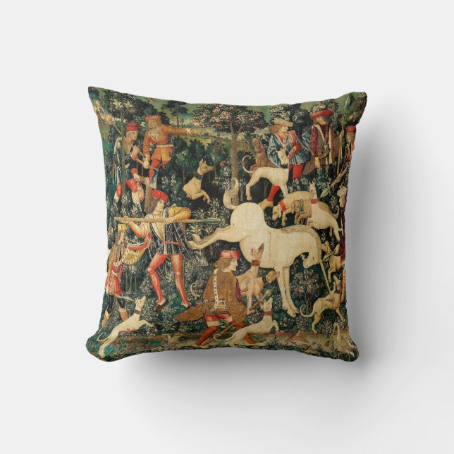 Unicorn Tapestries Medieval Classic Defends Hunt  Throw Pillow (Front)
