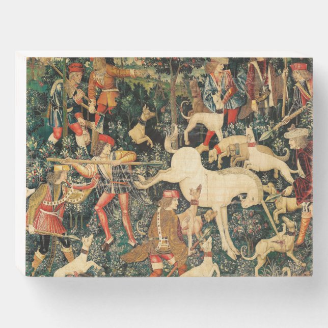 Unicorn Tapestries Medieval Classic Defends Hunt  Wooden Box Sign (Front Horizontal)