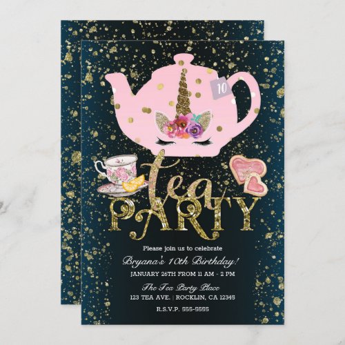 Unicorn Tea Party Gold Glitter Pink Girls Birthday Invitation