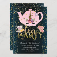 Unicorn Tea Party Gold Glitter Pink Girls Birthday Invitation