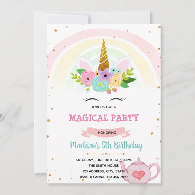 Unicorn tea party theme invitation (Front)