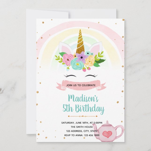 Unicorn tea party theme invitation (Front)