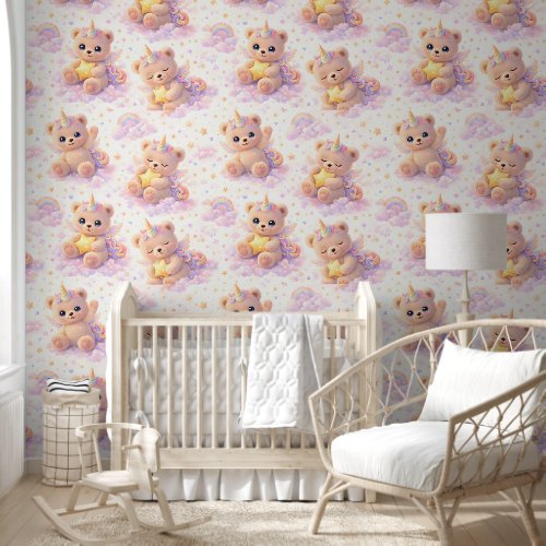 Unicorn teddy bear nursery wallpaper
