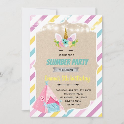 Unicorn teepee slumber invitation