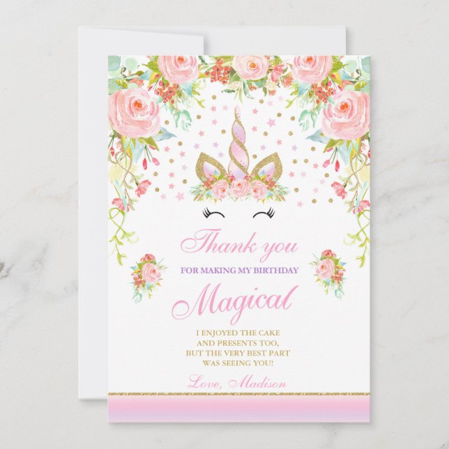 Unicorn Thank You Card Pink Gold Magical Unicorn (Front)