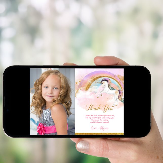 Unicorn thank you card with photo, elegant pastels (Front Digital)