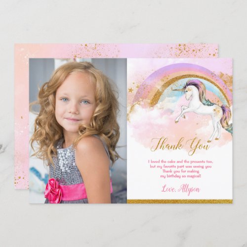 Unicorn thank you card with photo elegant pastels