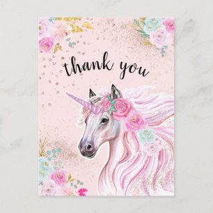 Unicorn Thank You Pink Teal Floral Gold Glitter Postcard