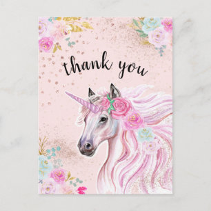 Unicorn Thank You Pink Teal Floral Gold Glitter Postcard