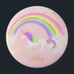 Unicorn theme button pin | Magical Pink & Gold<br><div class="desc">Unicorn pin with magical blue,  gold glitter and rainbow colors! Text in gold with a rainbow unicorn against a soft pastel pink background. Change the background color if you like!</div>