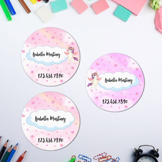 Unicorn Theme for Girls Custom Name & Phone Circle Labels (Creator Uploaded)