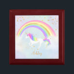 Unicorn theme jewelry box | Magical Blue & Gold<br><div class="desc">Unicorn jewlery box with magical blue,  gold glitter and rainbow colors! Text in gold with a rainbow unicorn against a soft sky blue background.   Perfect for your unicorn lover!  Change the background color if you like!</div>