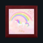 Unicorn theme jewelry box | Magical Pink & Gold<br><div class="desc">Unicorn jewlery box with magical blue,  gold glitter and rainbow colors! Text in gold with a rainbow unicorn against a soft pastel pink background.   Perfect for your unicorn lover!  Change the background color if you like!</div>
