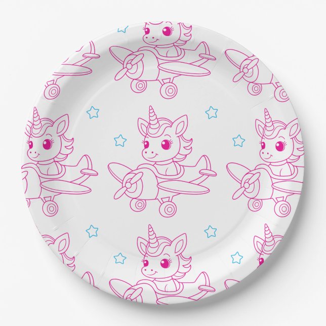 unicorn theme pink paper plates (Front)