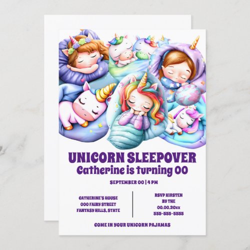 Unicorn theme sleepover slumber pajama girls invitation