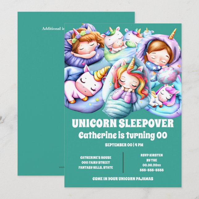 Unicorn theme sleepover slumber pajama kids invitation (Front/Back)