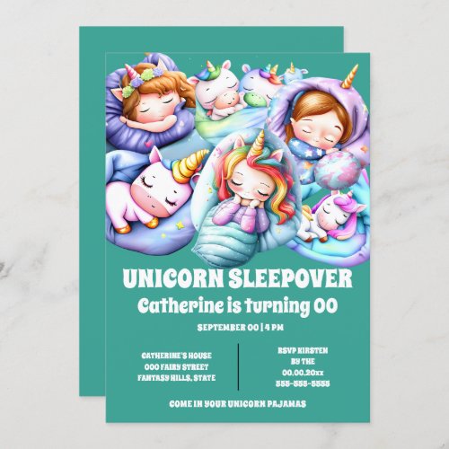 Unicorn theme sleepover slumber pajama kids invitation