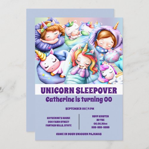 Unicorn theme sleepover slumber pajama party invitation