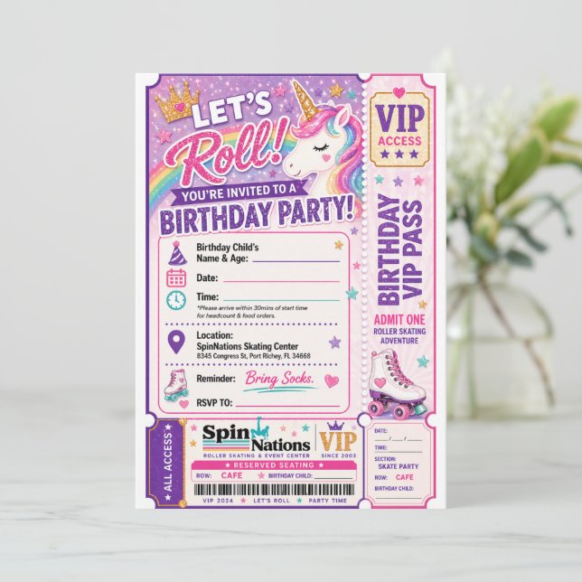 Unicorn Themed Birthday Invitation Spinnations (Standing Front)