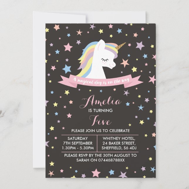 Unicorn themed birthday party invitation (Front)