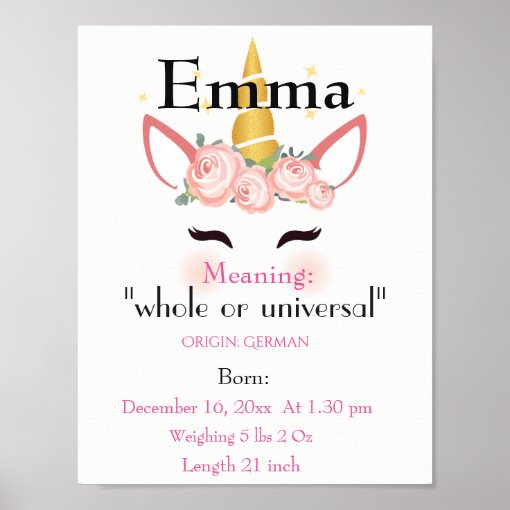 Unicorn themed Name meaning keepsake nursery Poster Zazzle