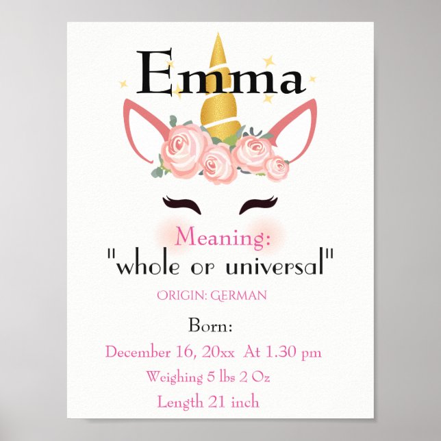 Unicorn themed Name meaning keepsake nursery Poster (Front)