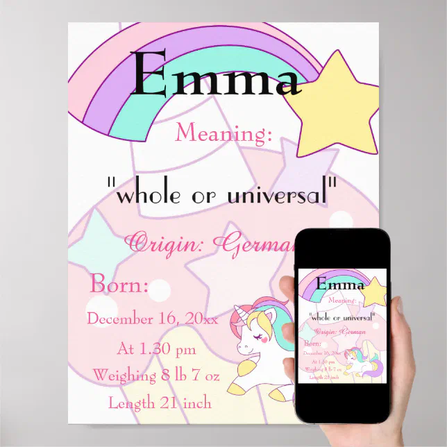 Unicorn themed Name meaning keepsake nursery Poster Zazzle