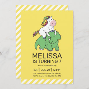 Unicorn Triceratops Dinosaur Yellow Kids Birthday Invitation