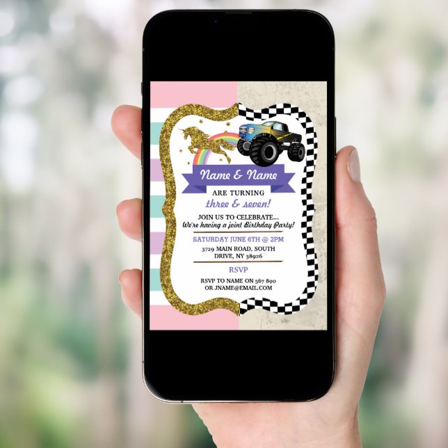 Unicorn & Truck Joint Boy Girl Birthday Invites (Front Digital)