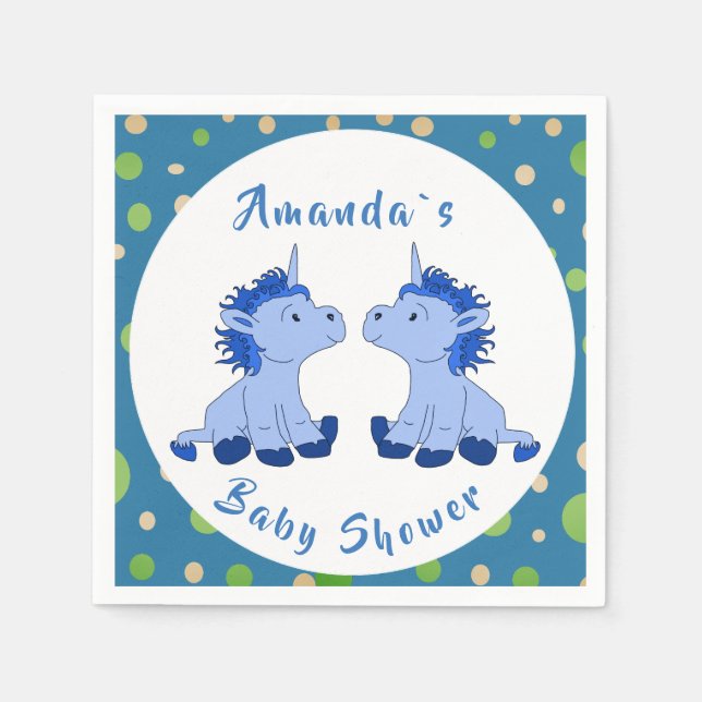 Unicorn Twin Boy Baby Shower Party Napkins (Front)