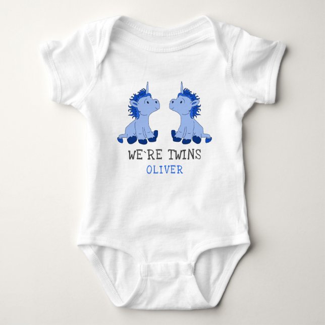 Unicorn Twin Boys Baby Bodysuit with Name (Front)