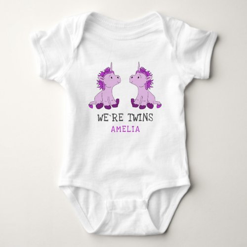 Unicorn Twin Girls Baby Bodysuit with Name - Unicorn Twin Girls Baby Bodysuit with Pink Girl Name. Two cute pink unicorns for twin baby girls. Personalize with your name. Great design for twins for a twin baby shower or a gift for newborn twin girls.