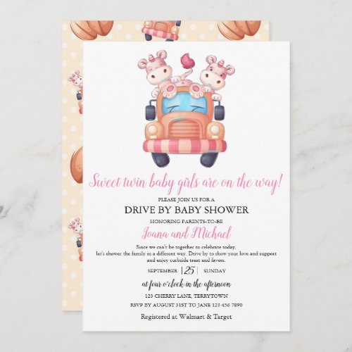 Unicorn Twin Girls Baby Shower Pink Drive Through  Invitation